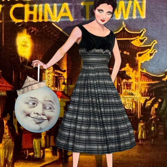 Vintage 1950s Velvet Striped Cotton Fit & Flare Party Dress Cupcake Black White - Picture 1 of 16